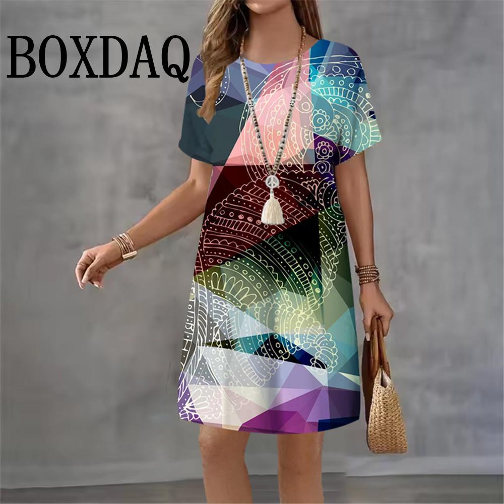 2026 Women Dresses Summer Dot 3D Printed Loose Clothing O-Neck Short Sleeved Clothing Fashionable Tie Dye Geometry Casual Dress
