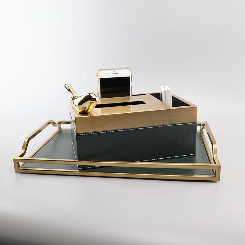 European Modern Leather Metal Storage & Organizer Tray for Entryway, Coffee Table, or Hotel Use
