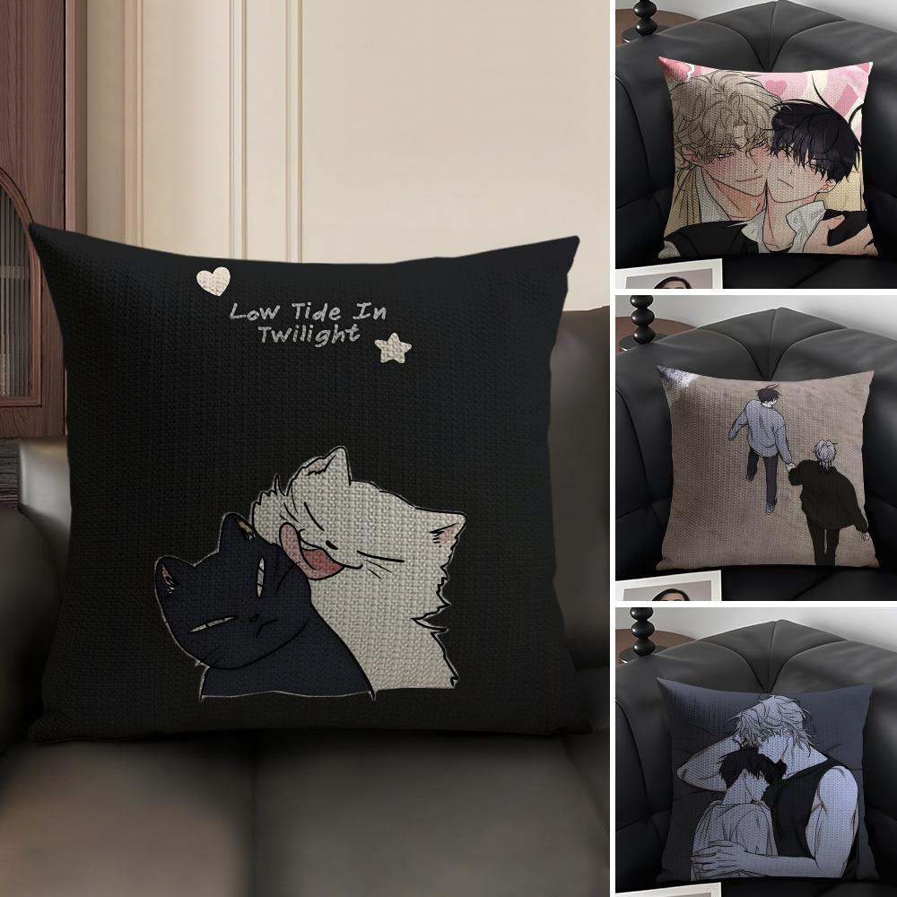 L-Low Tided In Twilight Comic Cushion Cover Natural Linen Organic Fabric Double-Sided Printing Sofa Home Decor Gift Pillow Case