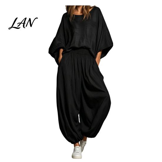 Spring Summer Autumn Suit Women s 2 Piece Sets, Loose Crew Neck Batwing Sleeve Top Solid Color Women And Lantern Pants Travel Vacation Outfits M чёрный