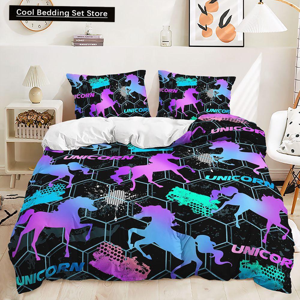 Rainbow Unicorn Bedding Set King Queen Size Rainbow Unicorns Duvet Cover Set with Pillowcase Polyester Bed Linen for Kids Girls