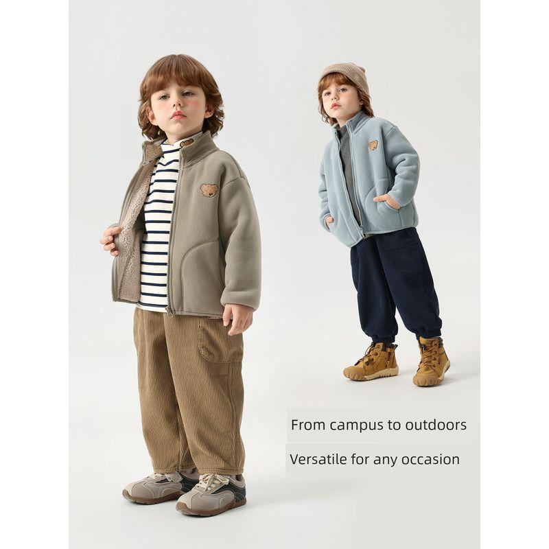 Right European Style Boys' Bear Collar Jacket with Fleece Lining, Thickened, Anti-Static, New Winter Children's Clothing Top, Trendy