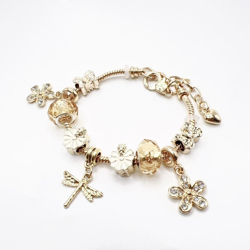 High Quality Gold Plated Crystal Rhinestone Lotus Flower Charm Bracelet Large Hole Beads Pink Flower Pendant Adjustable DIY