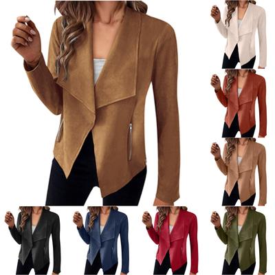 Giacca casual corta aperta sul davanti, in finta pelle scamosciata, a maniche lunghe, da donna, con tasche