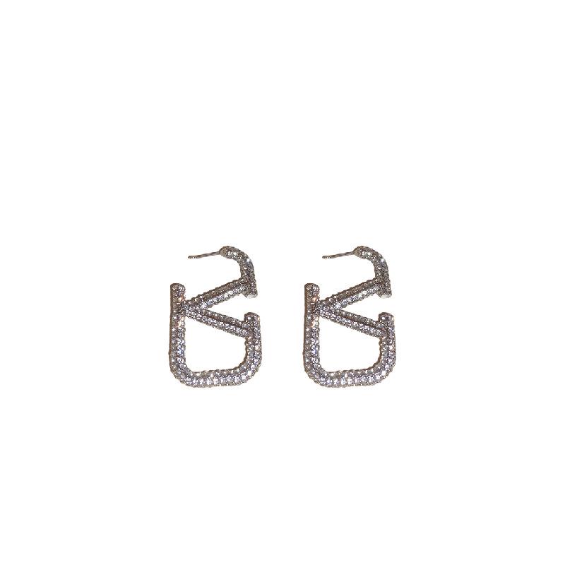 Silver Needle Diamond-Studded Letter Earrings - European & American Style, Exaggerated Cold Temperament, Stylish Luxury Studs