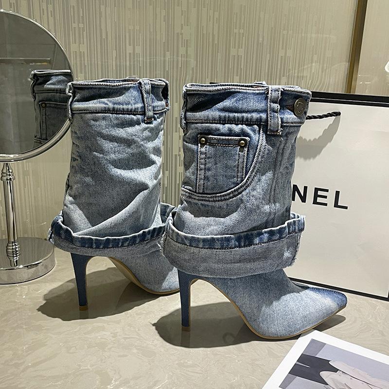 

2024 foreign trade autumn and winter new pointed high-heeled fashion boots washed denim short tube pleated trousers high heels 40 синий