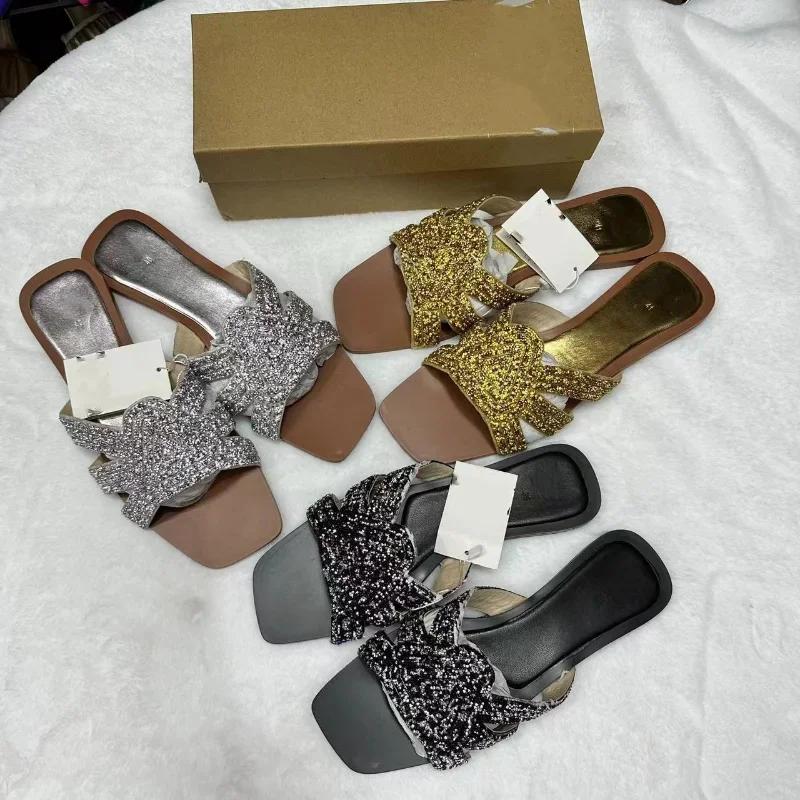Fashion Women Flat Slippers Luxury Shiny Rhinestones Roman Outdoor Beach Slides 2025 Summer Daily Breathable Hollow Gold Female Shoes