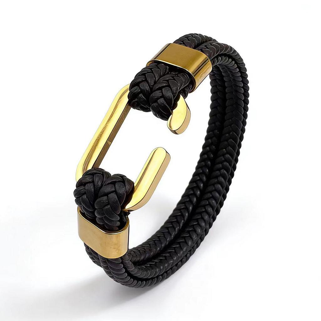 Men's Retro Horseshoe Buckle Leather & Stainless Steel Stackable Bracelet