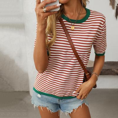 Summer Women's Round Neck Stripe Clash Short Sleeve Casual Sweater