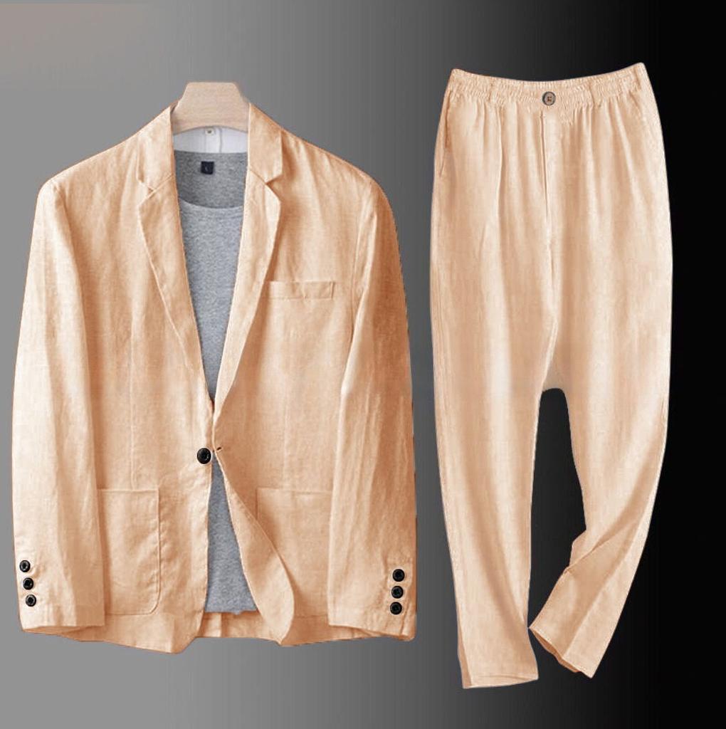Men's Light Gray Linen Suit Set Single Breasted Jacket with Matching Pants Casual Business Wear