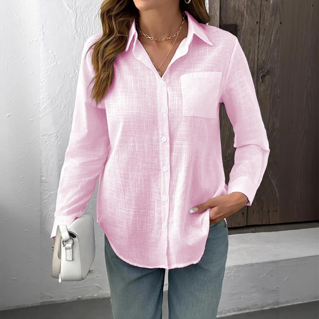 Women's Linen Cotton Long Sleeve Shirt Collar Sheer Relaxed Blouse