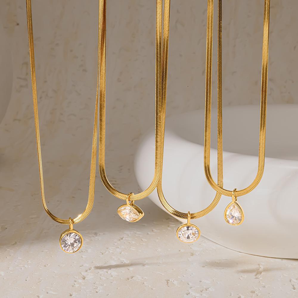 Stainless Steel Stainless Steel Chain Necklace for Women Luxury 18K Gold Plated Waterdrop Round Zircon Pendant Collar Jewelry
