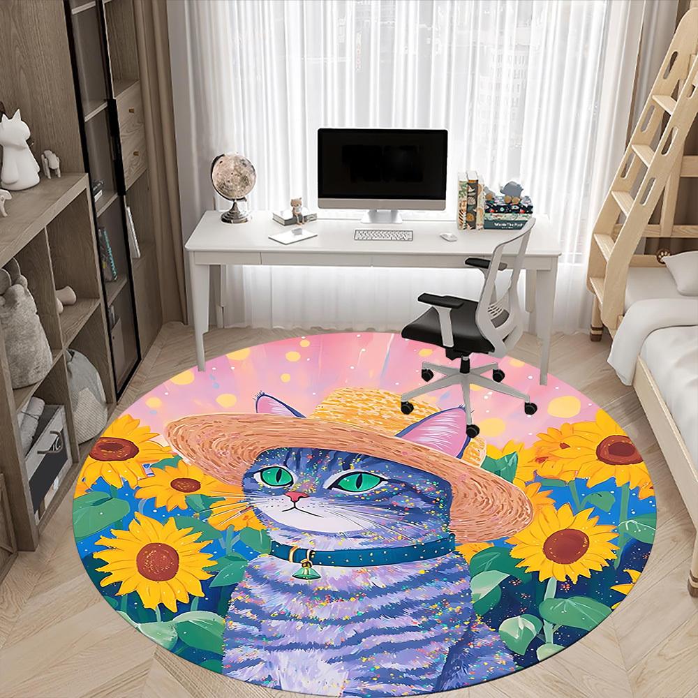 1pc Cat SunflowersChair Carpet for Office, Indoor Non-Slip Washable Polyester Fiber Carpet, Mat For Office, Machine Washable