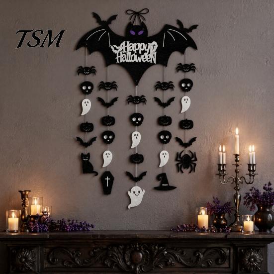 Spooky Home Decor Happy Halloween Bat Hanging Door Sign, Skull Spider Paper Black Cutouts Ornament, Large Wall Hanger for Party Supplies Sign
