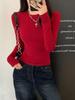 American Cinched Waist Long Sleeve T-shirt, Korean Style, High Stretch, Round Neck, Hot Girl Fashion for Autumn and Summer.