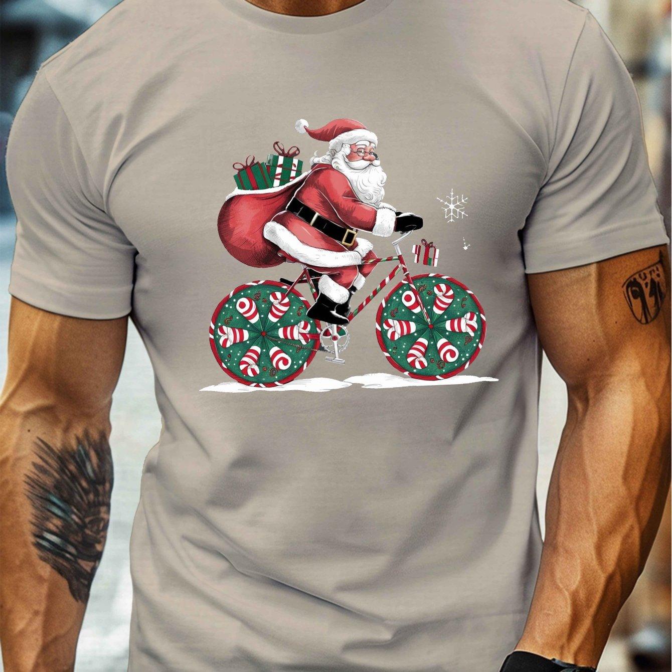 Santa Claus on Festive Bicycle Print Mens Round Crew Neck Short Sleeve Tee Casual TShirtCasual Comfy Lightweight Top L