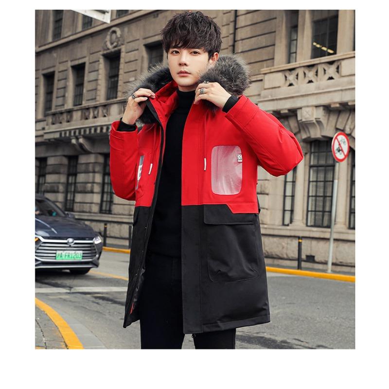 

Down jacket men s trendy mid-length new casual big fur collar white duck down warm hooded Korean version of jacket men s overcome M червоний