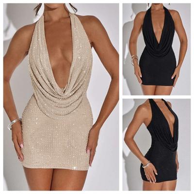 Nibber Diamond Pasted Solid Color Mini Dress Women Fashion Deep V-neck Strapless Dresses Female Trend Streetwear Clothing