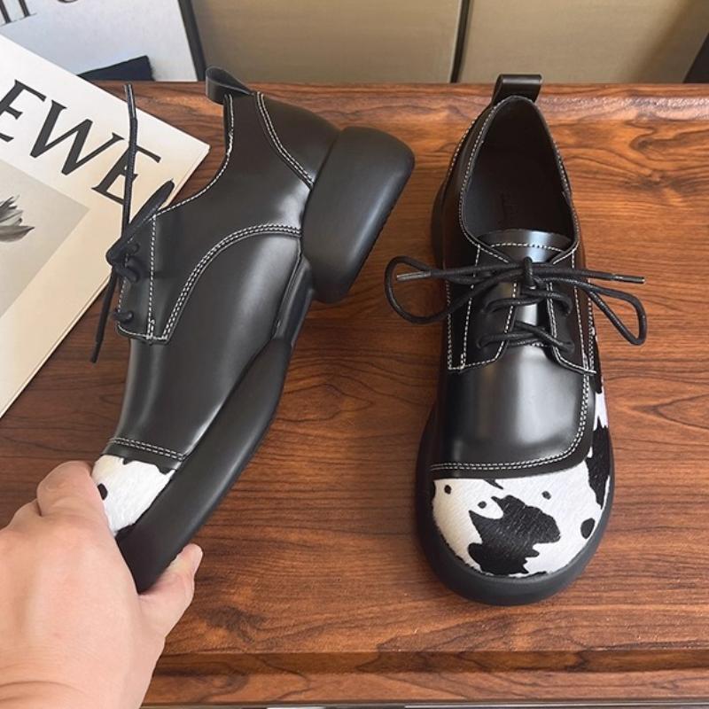 Fashion British Style Leopard Print Thick Bottom Leather Shoe Women Fashion Stitching Lace Up Design Loafers Haussures Femme Confortable
