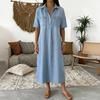 Robe chemise en jean pour femme Décontractée Manches courtes Boutonnée Jean Midi Robe Longue A-line Vintage avec Poches