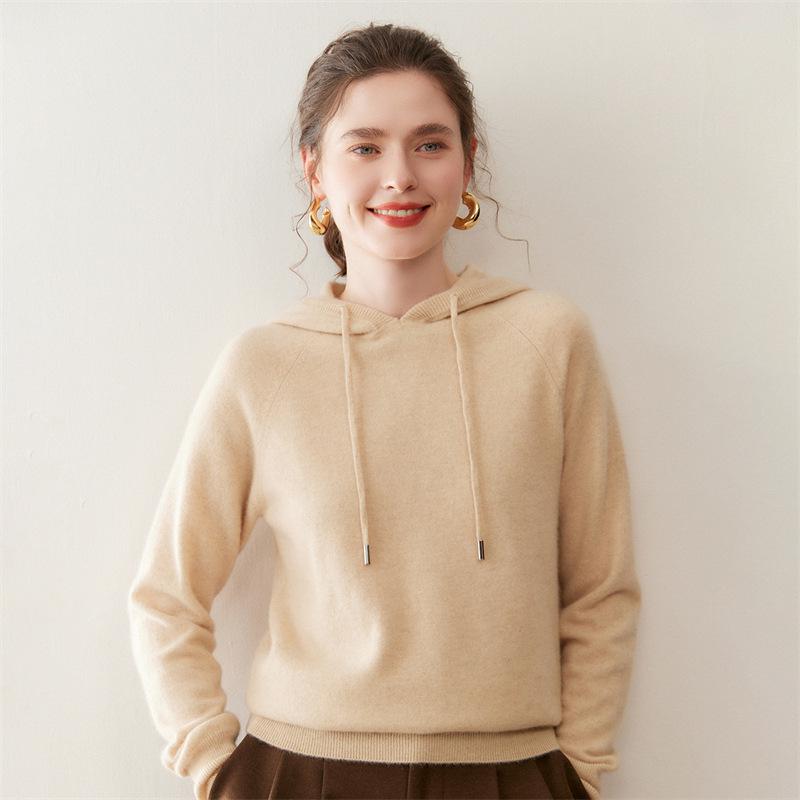 Women's Long Sleeve Cashmere Drawstring Hoodie – Autumn/Winter Versatile Knit Sweater Top