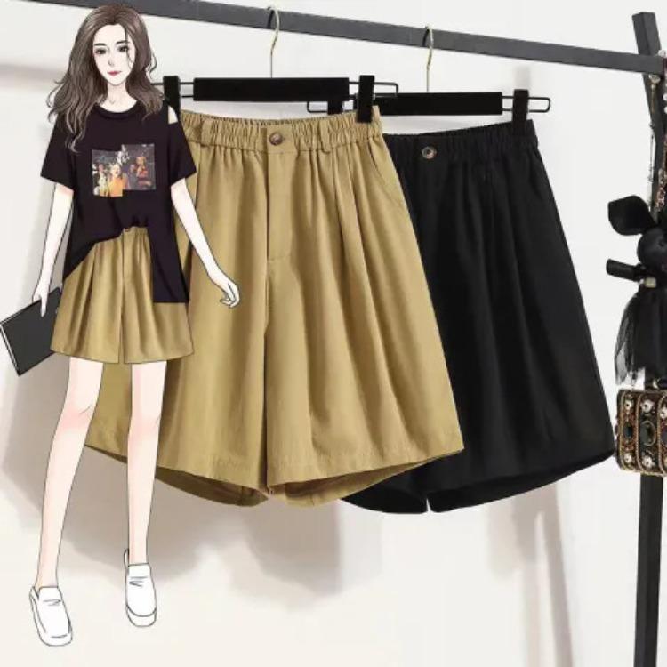 

Summer Korean College Wide Leg Shorts for Women Elastic Waist Loose Thin Large Size Slimming Casual Sports Shorts 5XL чорний