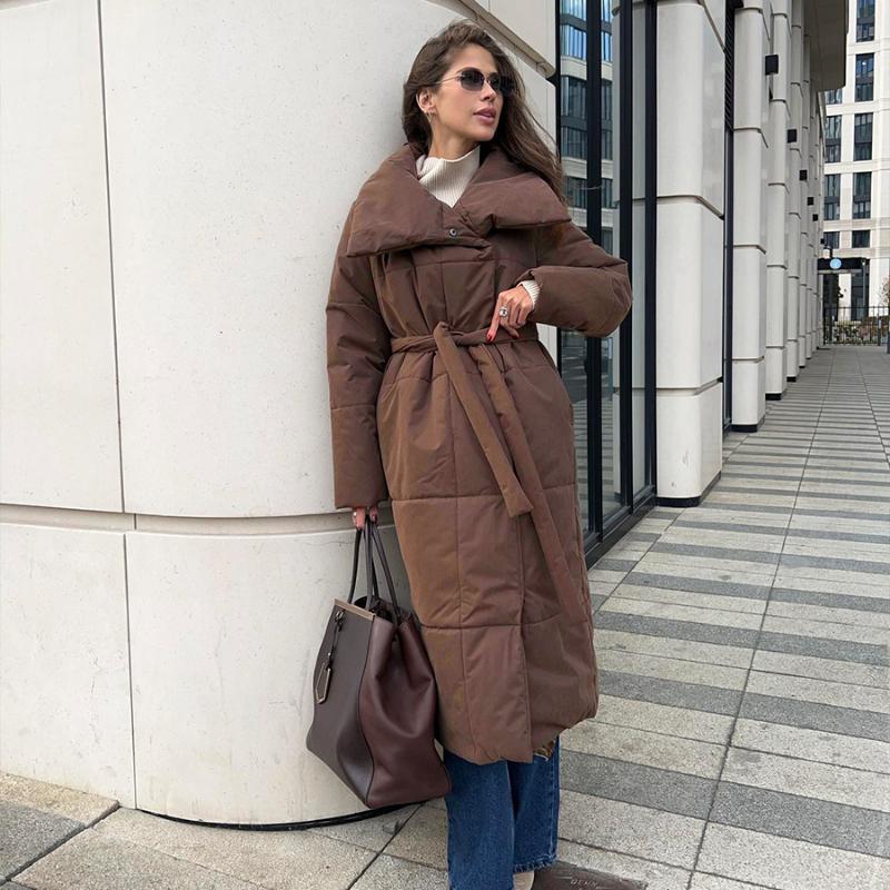 Dámské podzimní zimní nadměrné teplé bundy s páskem Módní bundy Volné Jednobarevné Ležérní kabáty Bunda vycpaná bavlnou