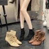 Women's Fashion Ruched Square-toe Suede Short Boots Ladies' French Style Stiletto High Heel Slim Ankle Boots