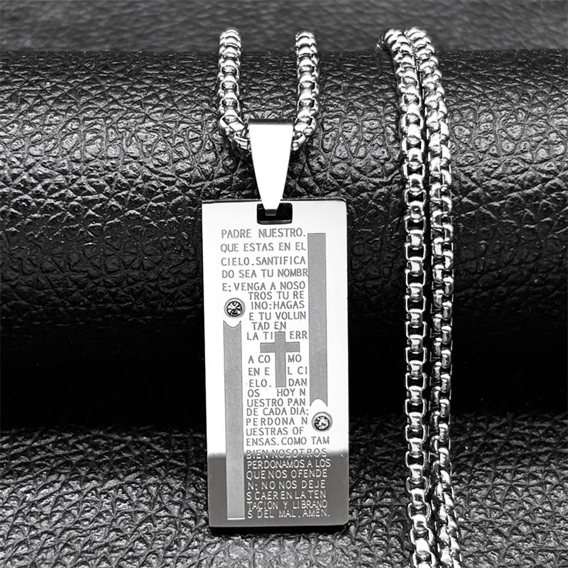 Christian Bible Verse Cross Medal Chain Necklace for Women Men Stainless Steel Spanish Our Father Medal Lord s Prayer Jewelry