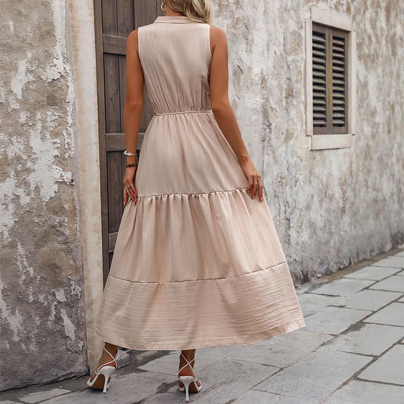 2025 new casual simple style high waist sleeveless solid color dress long skirt waist