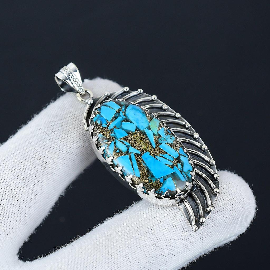 Natural Blue Copper Turquoise Gemstone Silver Pendant In 925 Sterling Silver- Handmade Design, Everyday Wear Jewelry, Unique Pendant Thanksgiving Gift