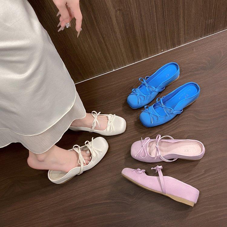 

Inner heightening flat-bottomed bag head slippers summer new bow simple and comfortable word with round head slippers women 35 синій