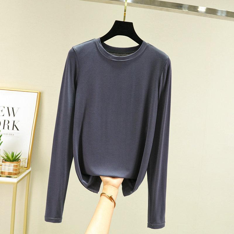 Women's Crew Neck Long Sleeve Tee Slim Fit Commuter Casual Top Solid Color Modal Fabric Stretchy Basic Layering Shirt For Autumn Daily Inner Wear