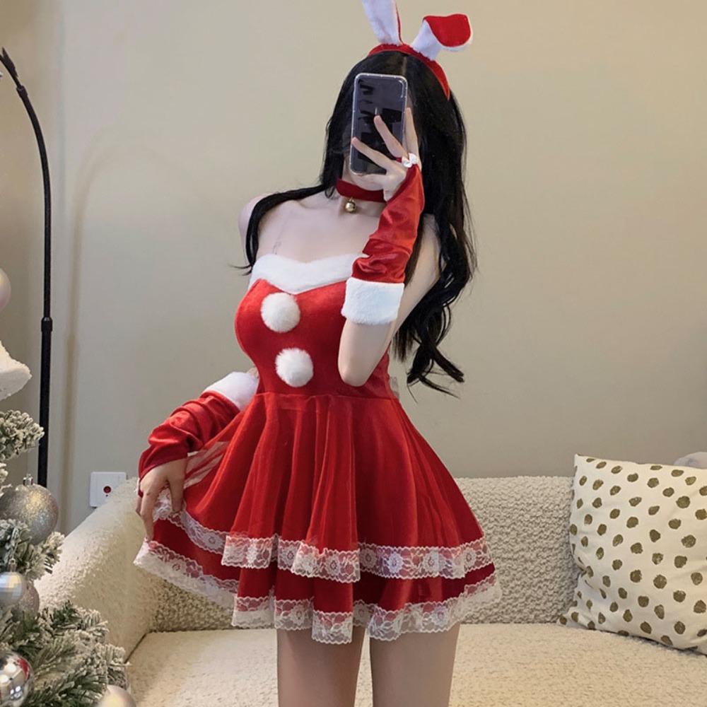 New Year Christmas Dress Transparent Camisole Nightwear Velvet Pajamas Dress Suit  Gifts