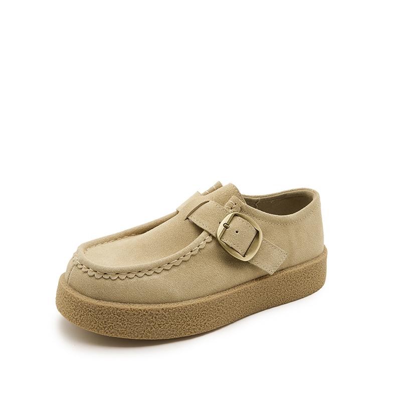 Fashion Women Loafer Shoes Genuine Leather 2025 Autumn New Suede Platform Kangaroo Shoes Women Wedges Belt Buckle Slip-on Shoes Women