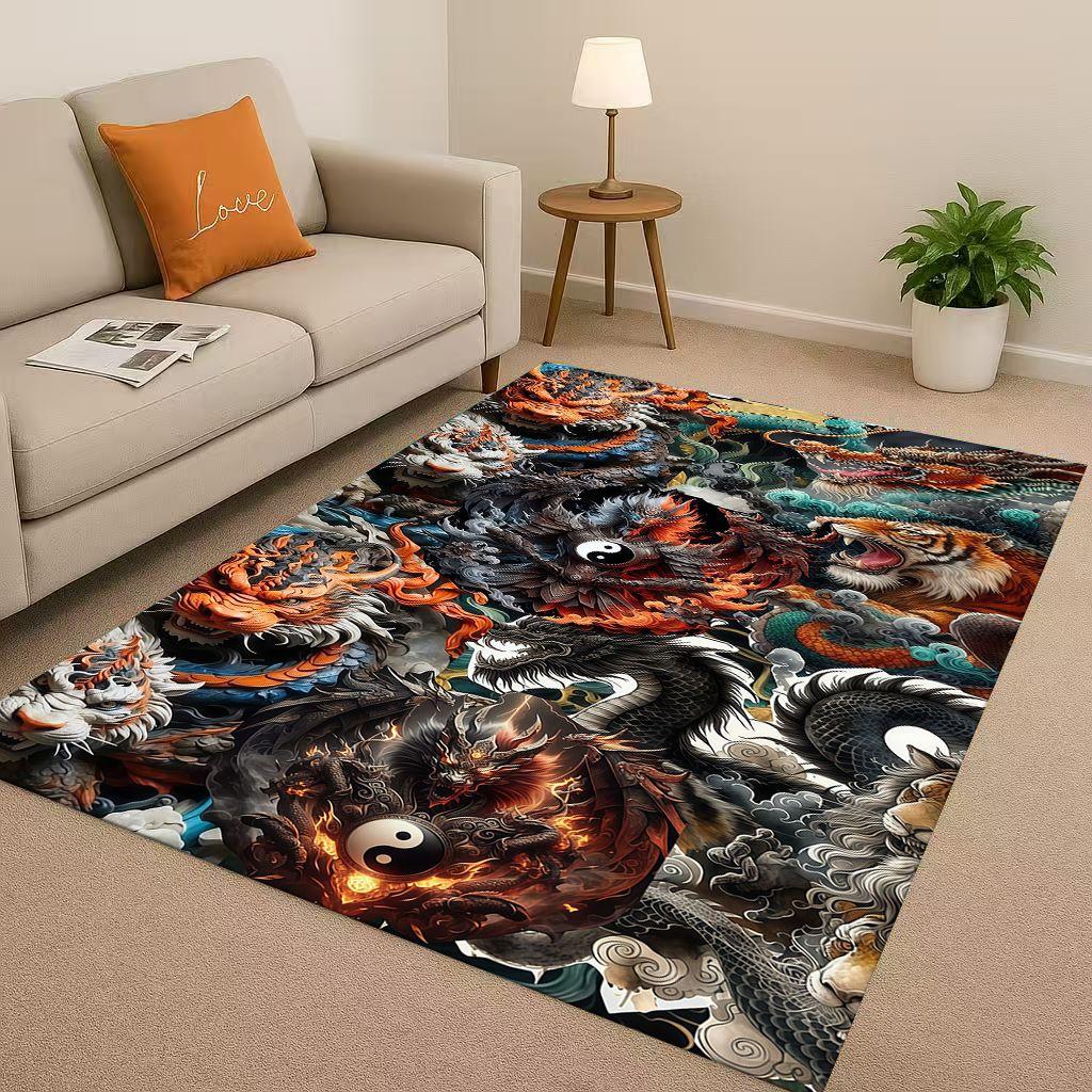 Yin Yang Element Dragon Chinese Loong Cartoon Living Room Non Slip Area Rug Carpet for Bedroom Playroom Sofa,Home Decor Doormat