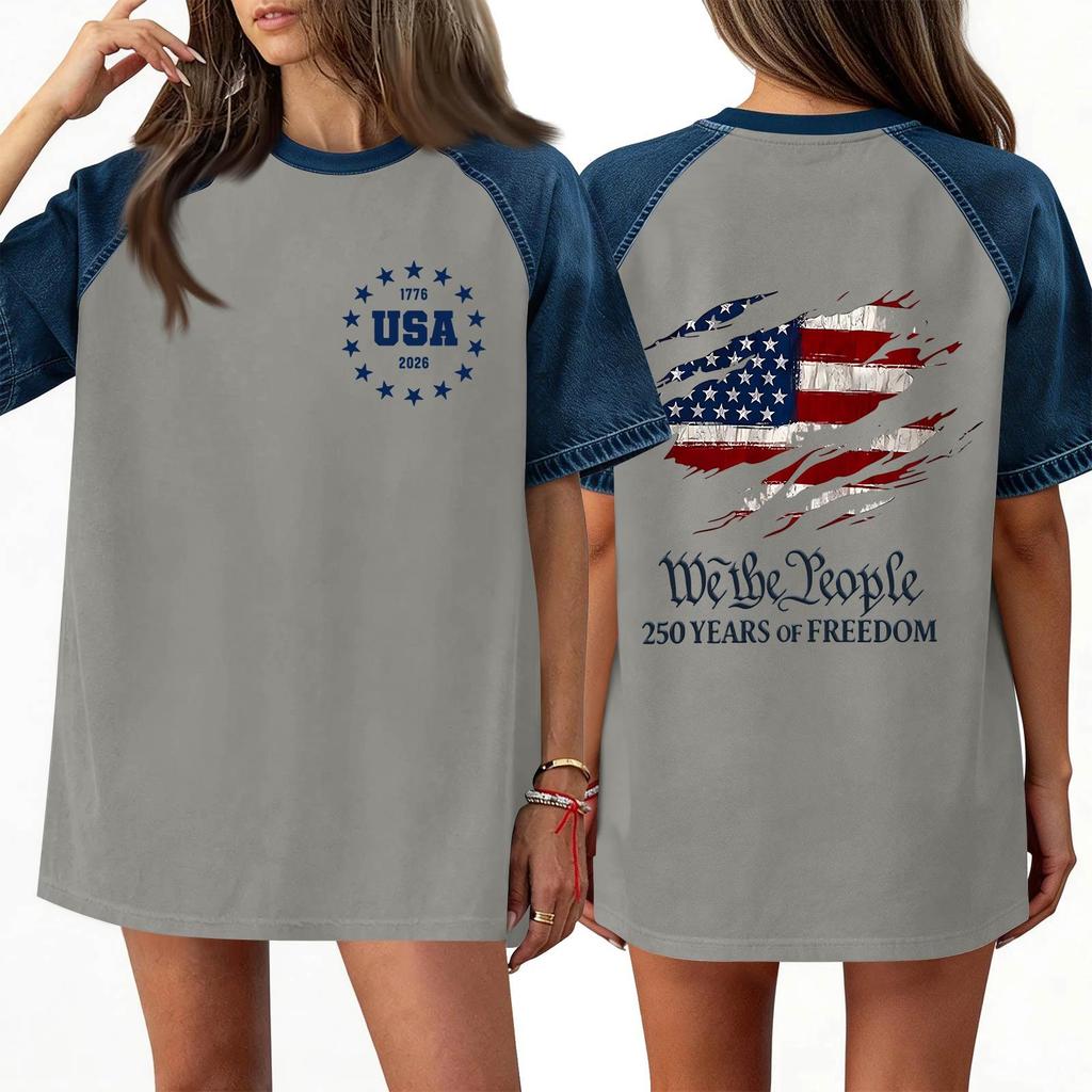 Denim Patchwork Shirts For Women Stand Collar Casual Blouse Short Sleeve Comfy Tshirt Spring Summer Fashion