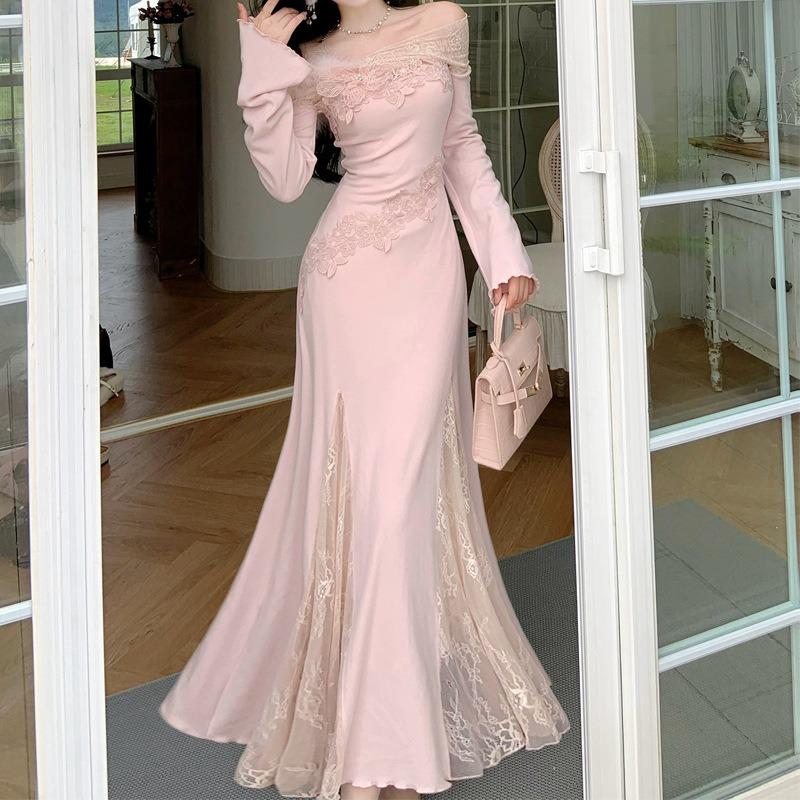 Flo's Dream, Beautiful, Gentle Pink Temperament, Slim Lace Embroidered Knitted Dress, Fishtail Dress