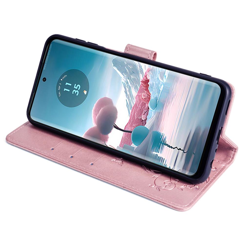 Für Motorola Edge 40 Neo 5G Handyhülle mit Handschlaufe Leder-Klapphülle mit Schmetterling-Blumen-Prägung