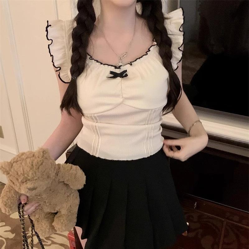 

Шикарная французская майка с рукавами-рюшами - Женский облегающий топ на весну 2025 One Size (Up to 125 lbs) абрикосовый