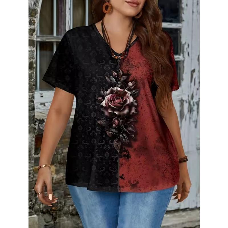 Plus Large Size Women's Floral Print V-neck Short-sleeved 3D T-shirt Casual Knitted Micro-stretch Top Pullover