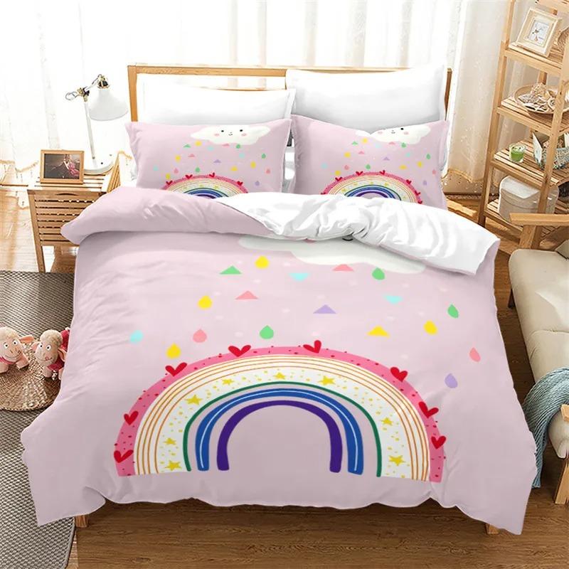 Rainbow Duvet Cover Twin Queen Kawaii Clouds Star Dream Castle Print Comforter Cover Microfiber Cartoon Bedding Set For Boy Girl
