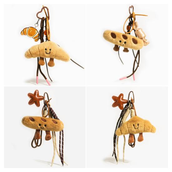 Cute Plush Keychain with Face Soft Fluffy Croissant Baguette Pendant Smiling Bread Bag Charm