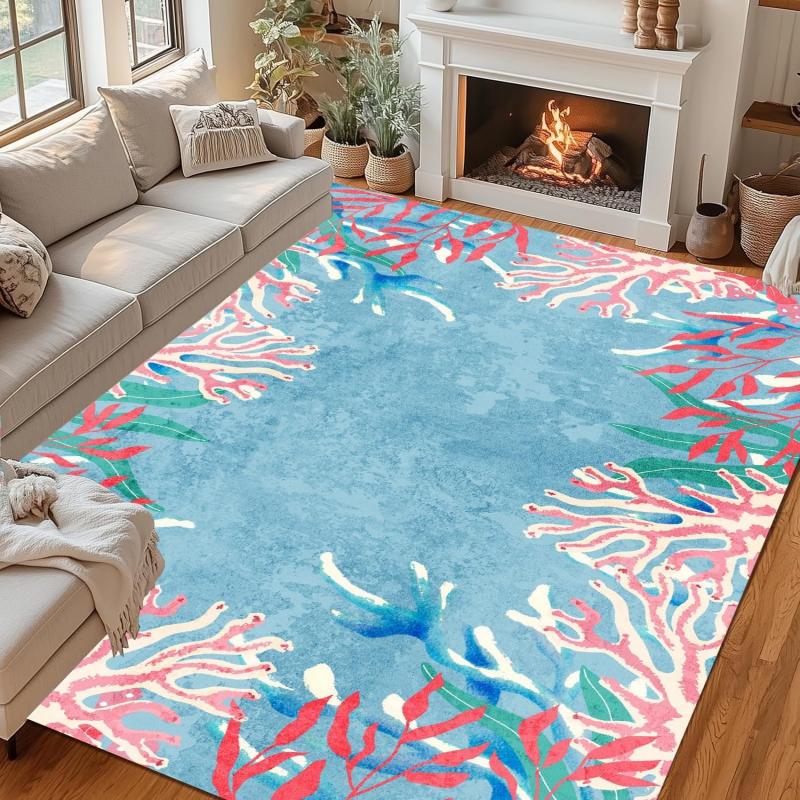 Coastal Ocean Starfish and Seashell Area Rug Blue Gradient Nautical Print Carpet Non-Slip Indoor Floor Mat for Living Room