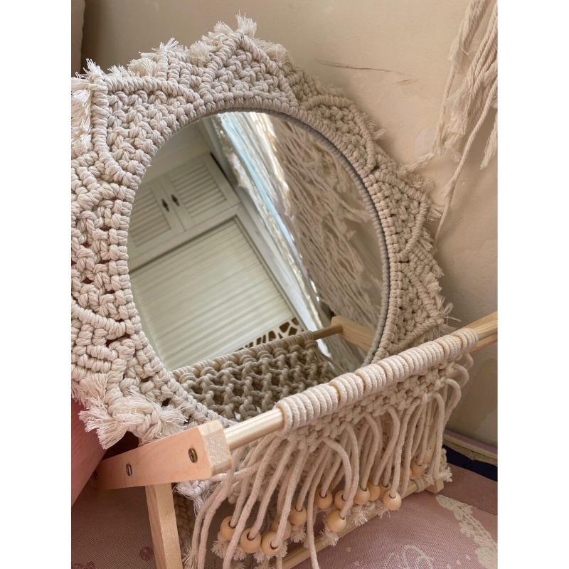 Boho Macrame Woven Round Mirror Large Size Structure Wall Hang Application Bedroom Living Room Basic Home Aesthetic Ornament
