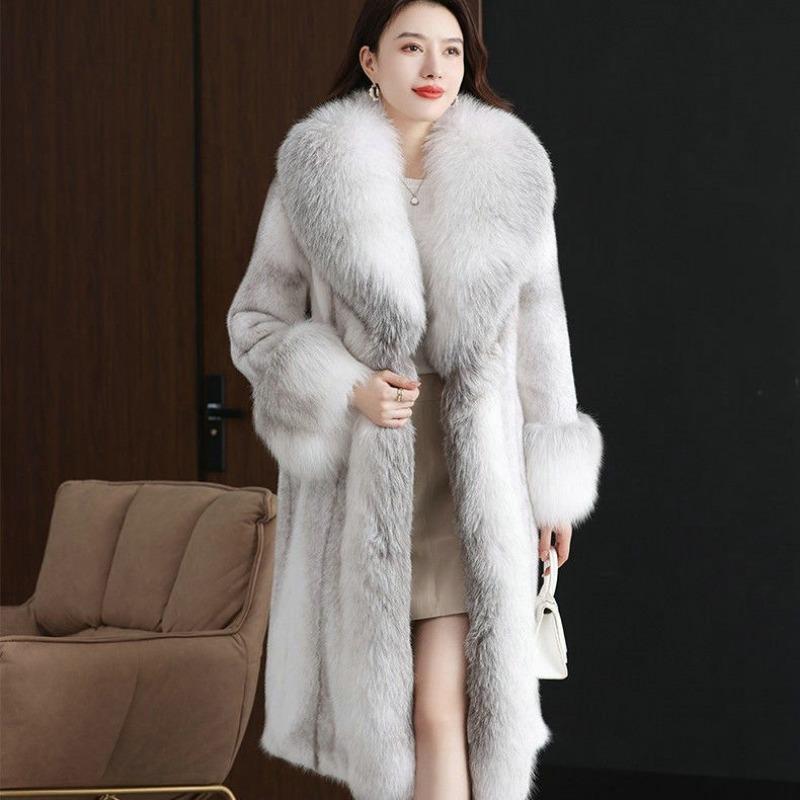 Autumn and winter big fur collar imitation fox fur coat long imitation mink coat women's high-end wool cotton-padded coat