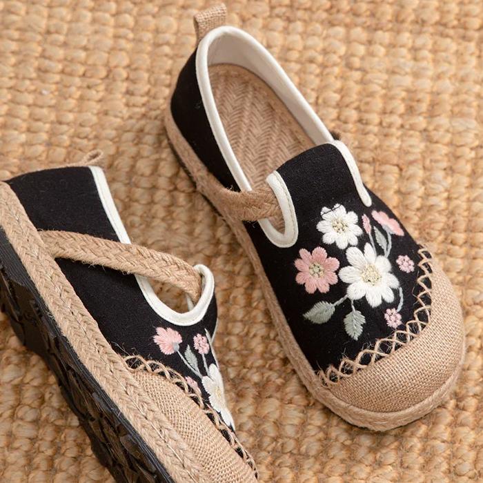 Johnature Chaussures plates confortables en tissu brodé, coton et lin, style ethnique, pour femmes