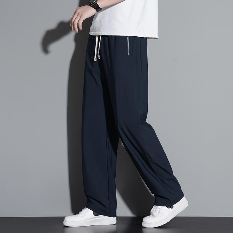 Extra dlouhé 120cm letní kalhoty z ledového hedvábí pro vysoké muže - Tenké s rovnými nohavicemi a 110cm plochou nohavicí se stahovací šňůrkou