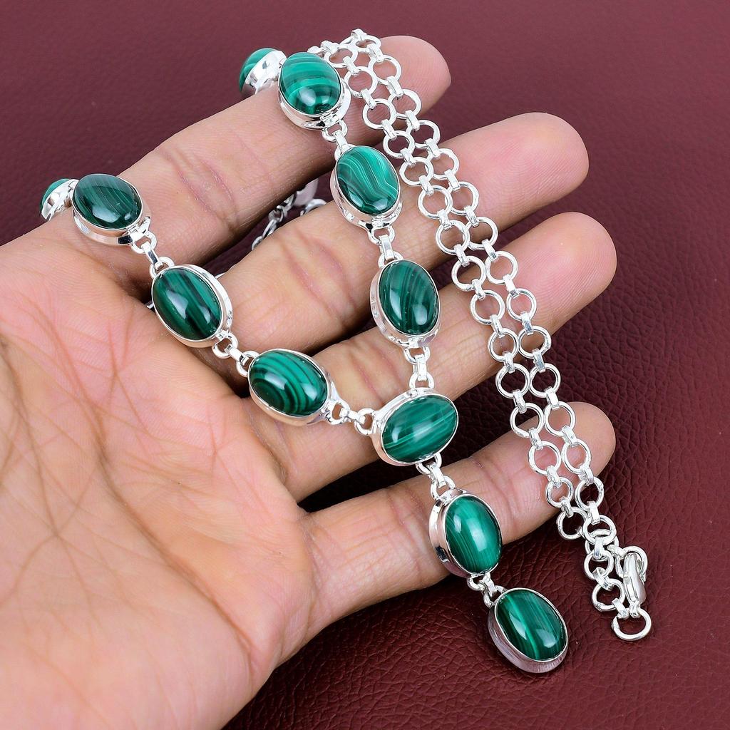 Malachite Necklace Natural Gemstone Jewelry 925 Sterling Silver Necklace Handmade Adjustable Chain Necklace Brand New Necklace Gifts for Her