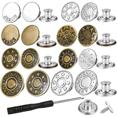 32 Sets Jeans Buttons Replacement, 17 Mm and 20 Mm No-Sew Removable Metal Buttons Replacement Repair Combo Thread Rivets